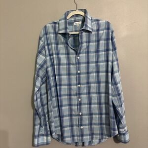 Peter Millar Mens Button Down Light Blue Checkered Long Sleeve Shirt XL